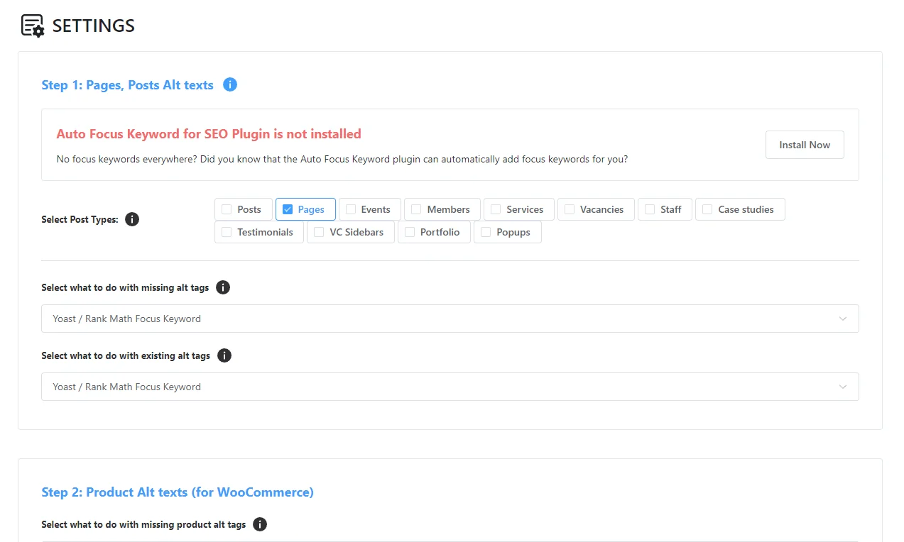 Bialty interface showing post types and alt text rules