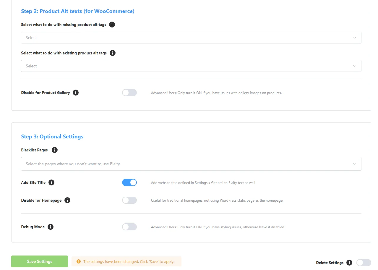 Bialty advanced options and WooCommerce settings